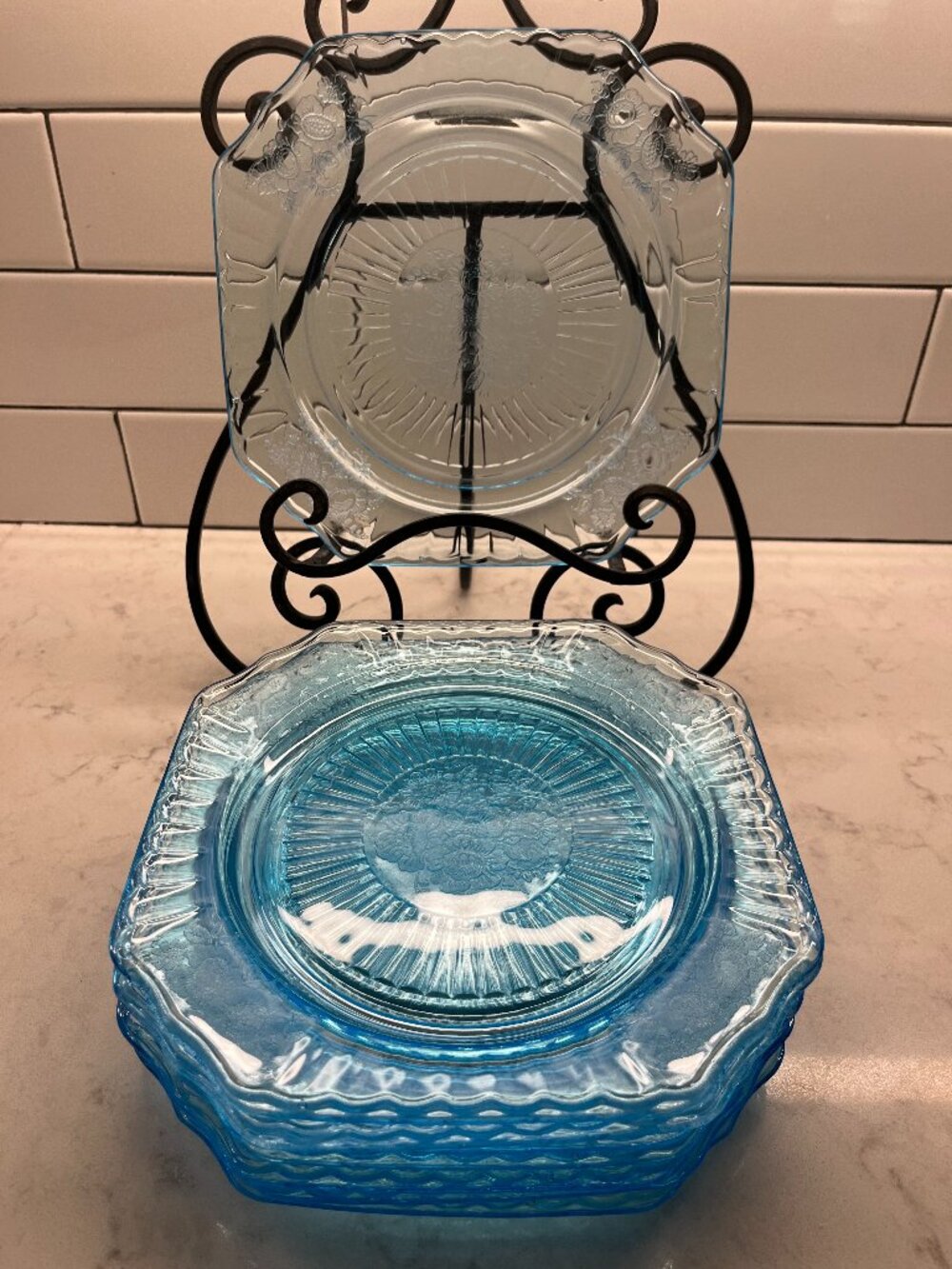 (8) Anchor Hocking 1930’s Mayfair “Open Rose” Ice Blue LUNCHEON PLATES